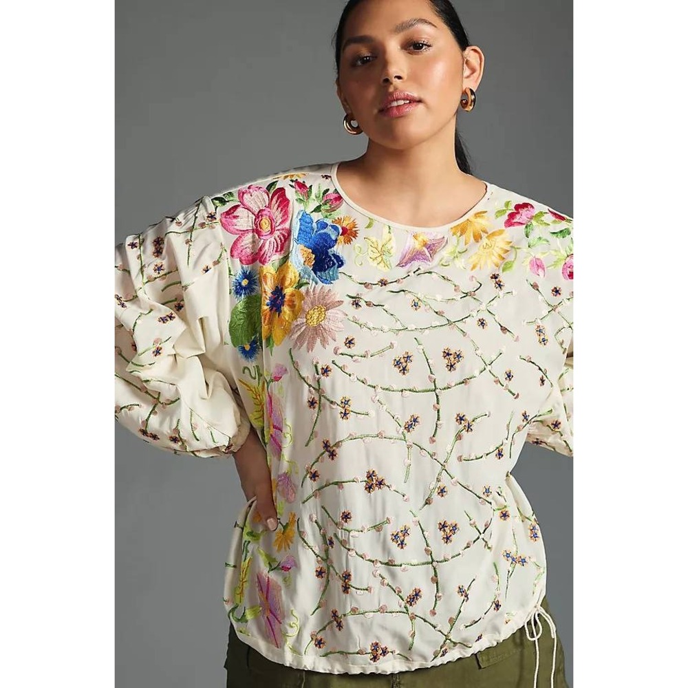 Anthropologie Tiny Floral Embroidered Long Sleeve Drawstring Top White Medium